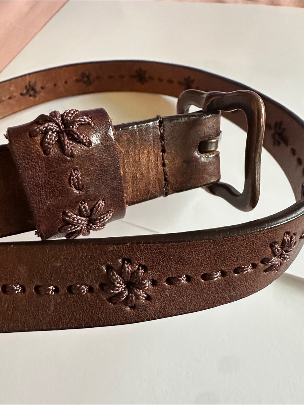 Women's Brown Floral Embroidered Leather Belt